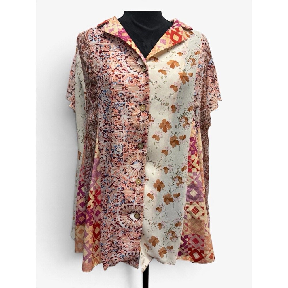 Oli & Hali Womens Small Boho Patchwork Floral Button Down Blouse Multicolor